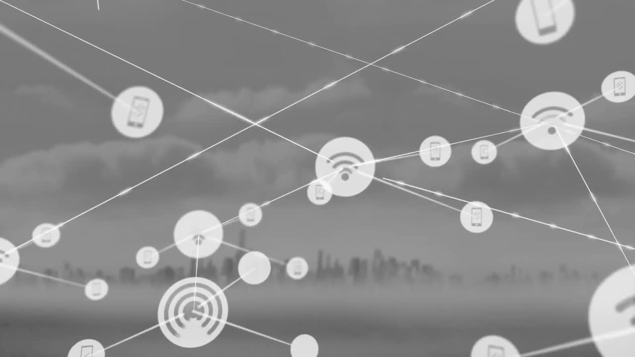 animación de una red de iconos digitales frente a una vista aérea del paisaje urbano