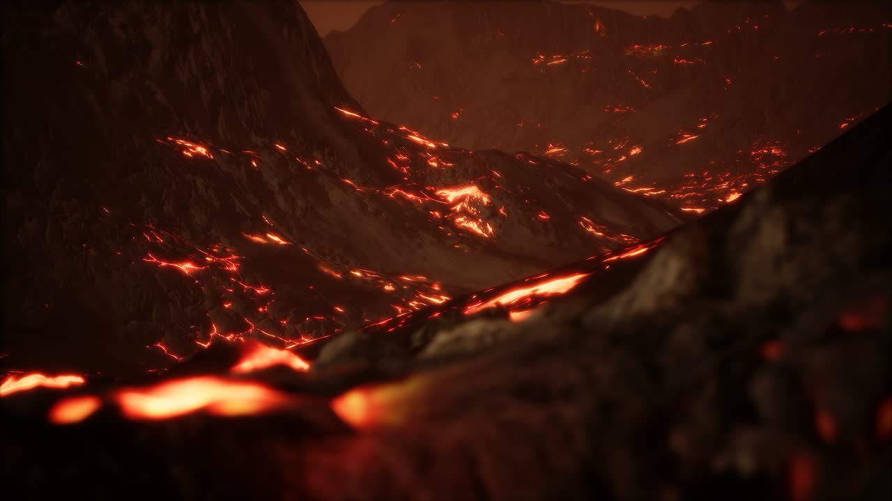 lava fundida roja y vibrante que fluye sobre un campo de lava gris y una tierra rocosa brillante