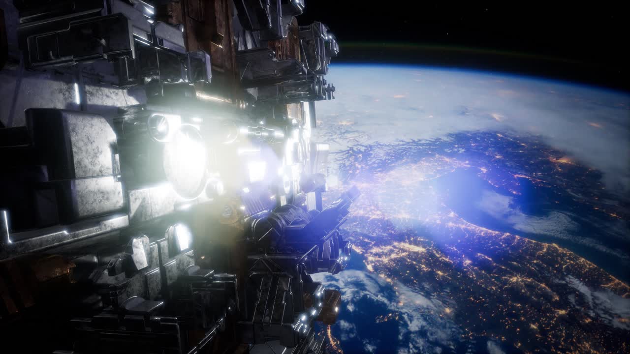 애니메이션 우주 정거장을 비행하는 것