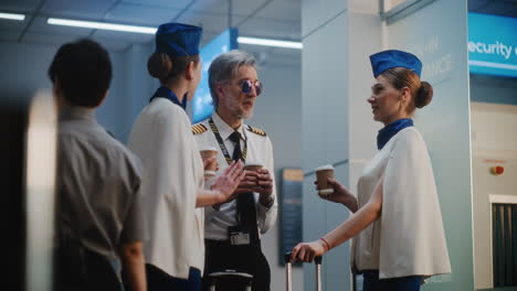 airport scene with pilot and flight attendants
