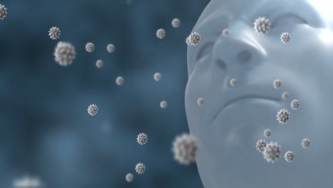 animación de células macro coronavirus covid-19 flotando sobre una cara de hombre 3d en un fondo azul