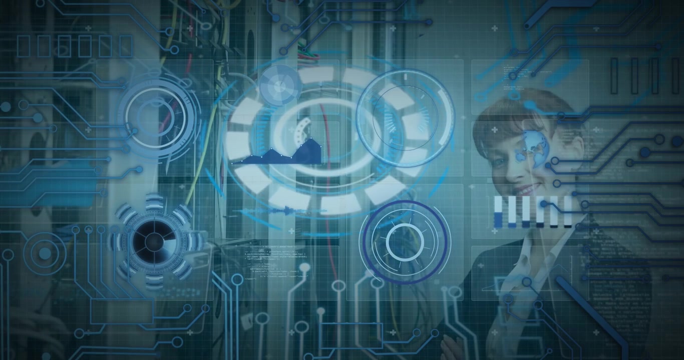 Animation of 5g text banner and round scanners over caucasian female engineer at server room