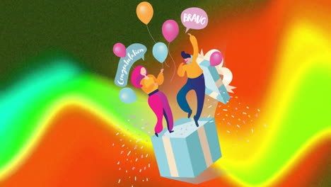 animación de personas bailando en el presente en un fondo colorido