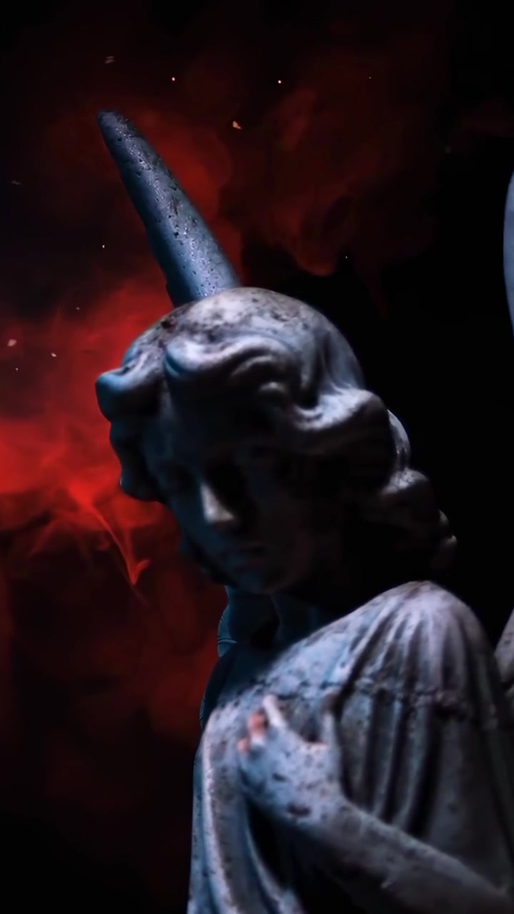 Stone Angel Statue Illuminated by Red Smoke and Light