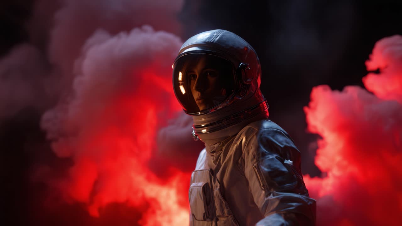 En astronaut står fremtrædende midt i farverig røg og dramatisk belysning, der indfanger essensen af rumudforskning og eventyr i en surrealistisk atmosfære