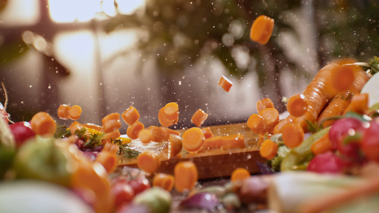 zanahorias cortadas cayendo en una tabla de cortar