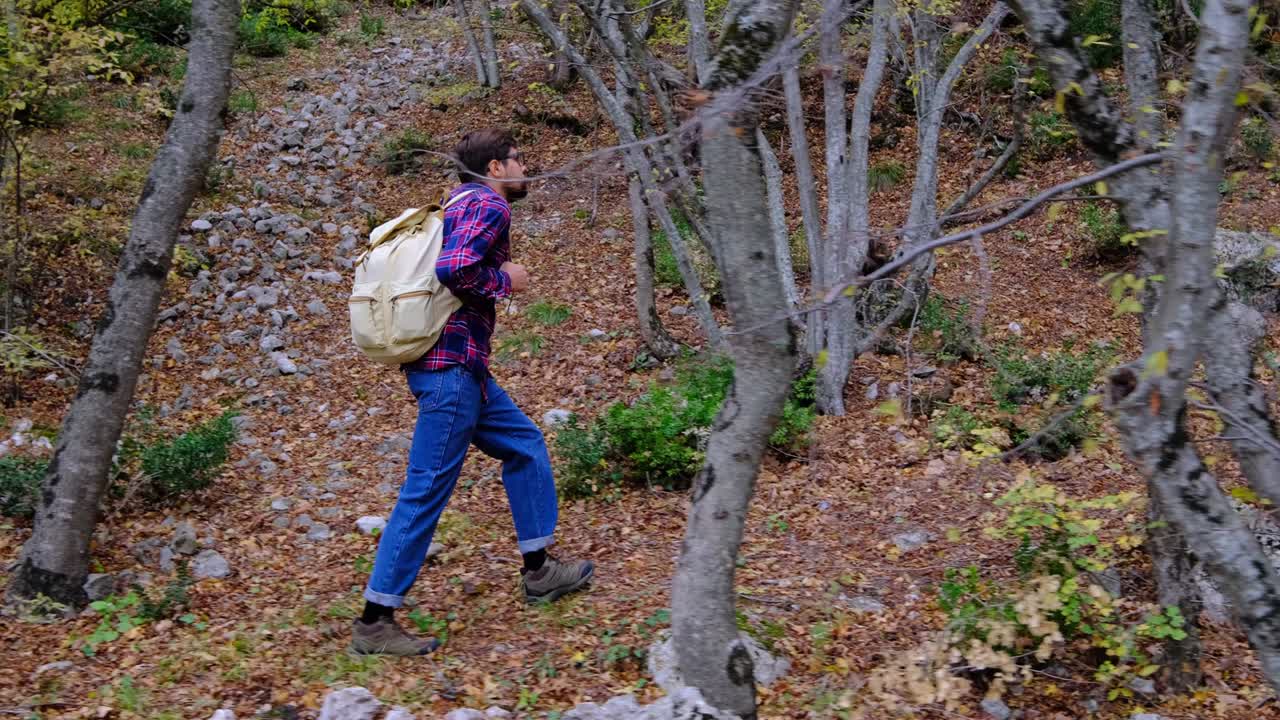여행자는 야생동물의 그림 같은 장소에서 고 가을 풍경을 바라보고 있습니다.
