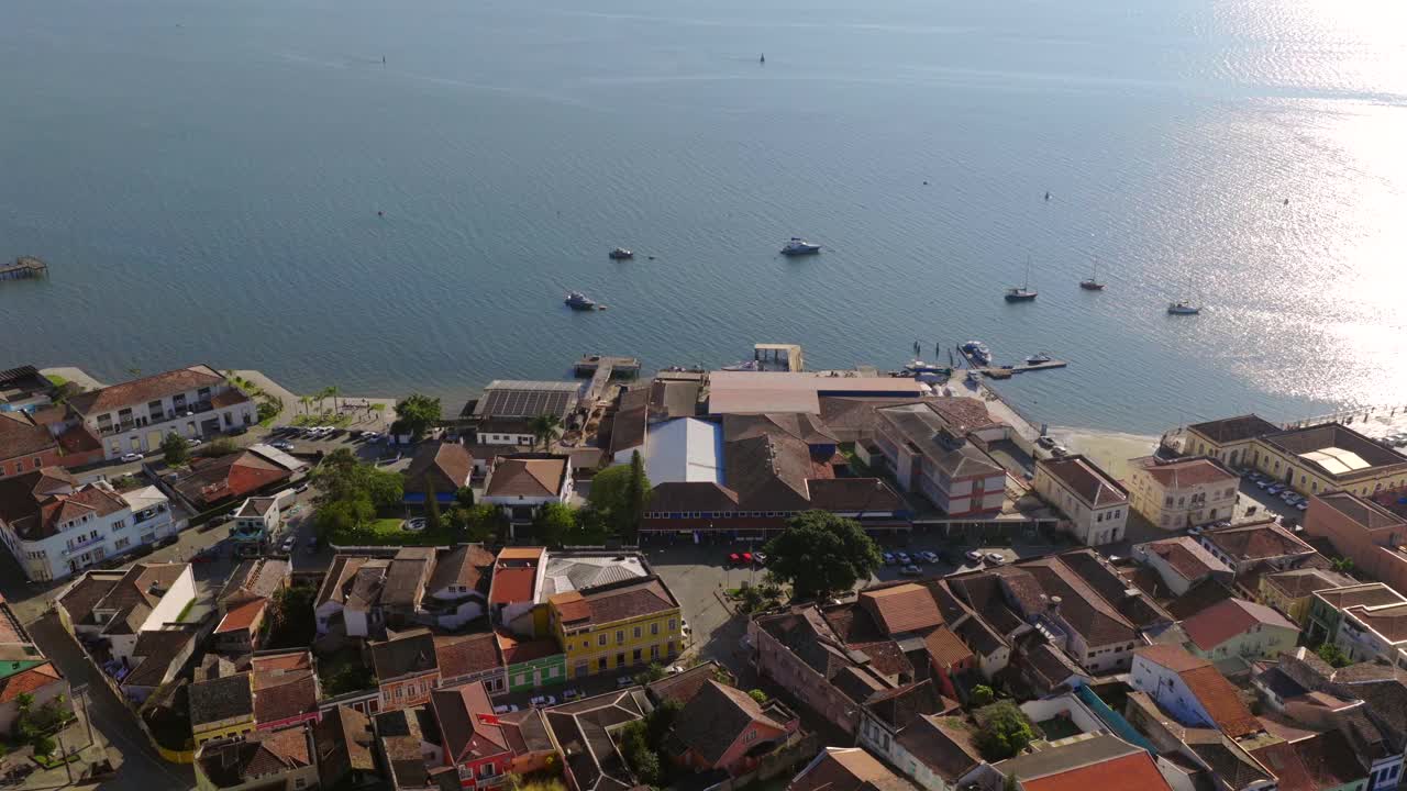 Aerial view of Sao Francisco do Sul waterfront with colonial buildings and boats on the bay, Santa Catarina, Brazil