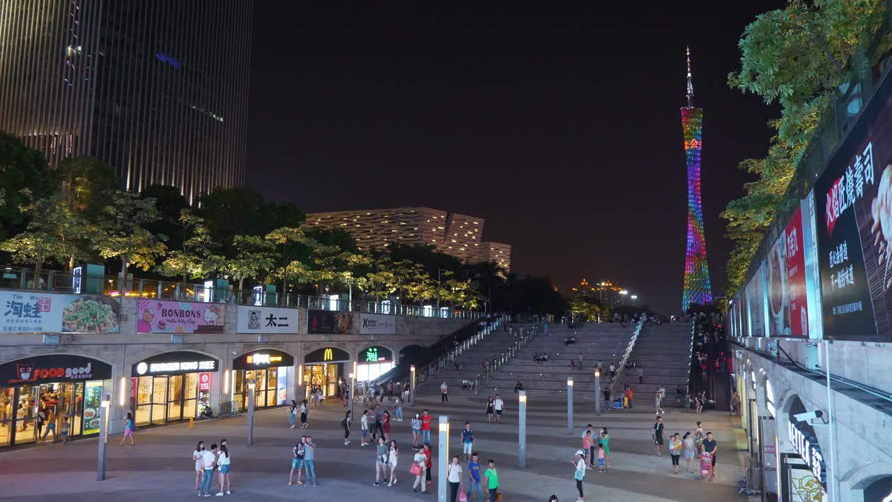 noche iluminada ciudad de guangzhou famosa torre de cantón cuadrado abarrotado panorama 4k