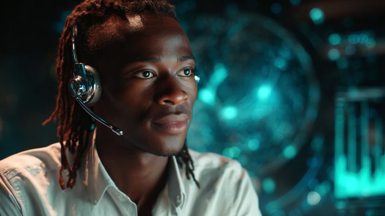 Focused Operator at High-Tech Control Station Operating Equipment with Headset and Looking Ahead, Surrounded by Displays and Ambient Light Representing a Dynamic Digital Environment