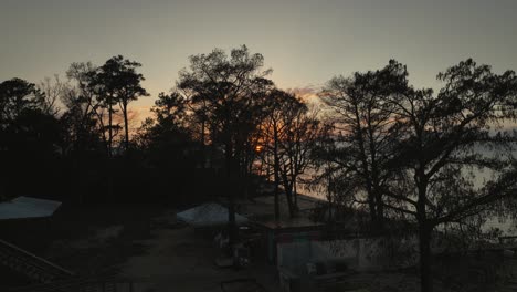 Aerial-view-of-sunset-near-the-American-legion-in-Fairhope,-Alabama