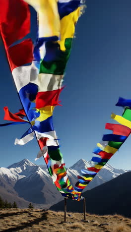 colorful prayer flags against a mountain background