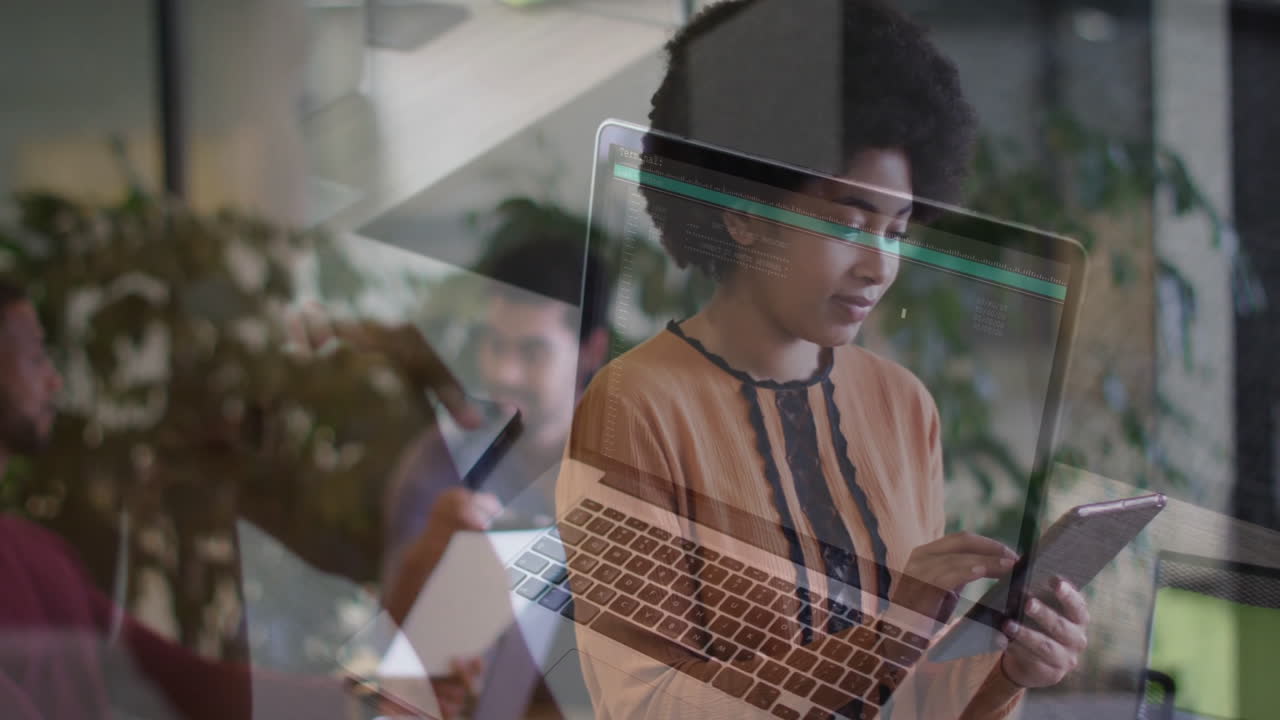 Using tablet with animation overlay, businesswoman working in modern office