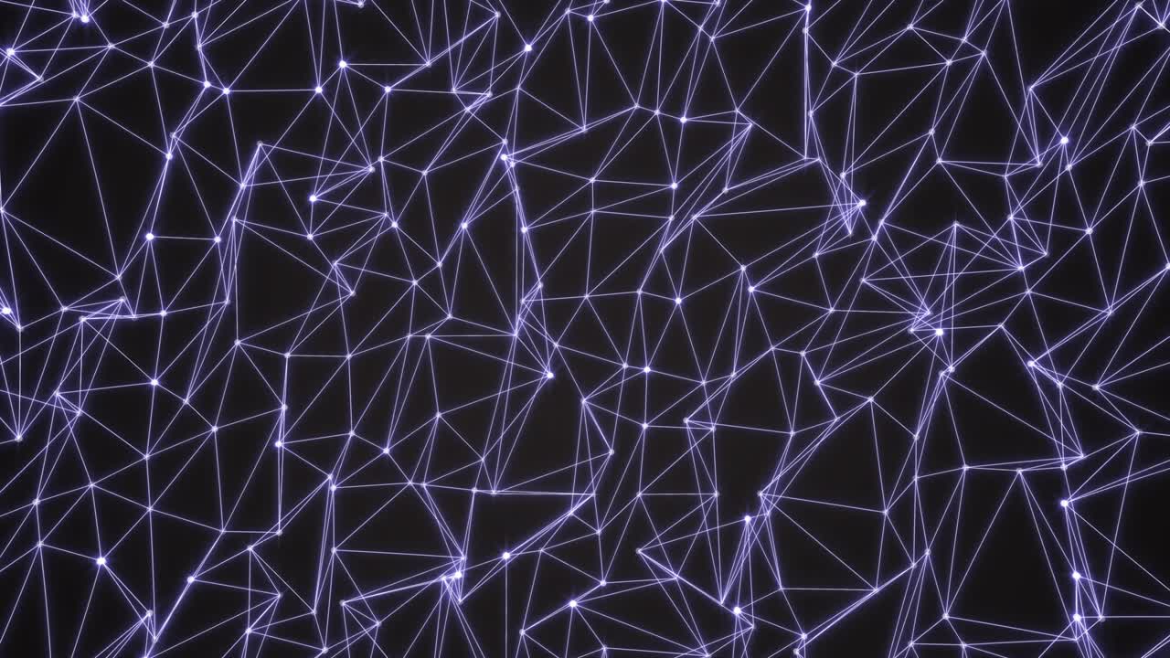 triángulos violetas con cimas brillantes en una red geométrica abstracta. bucle sin costuras fondo de malla gráfica de movimiento poligonal