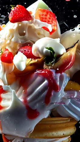 a dessert with a strawberry on top and a splash of milk. the dessert is a sundae with whipped cream and strawberries