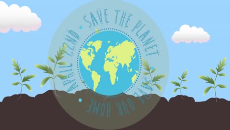 animation of ecology save the planet text and globe logo over plants and blue sky background