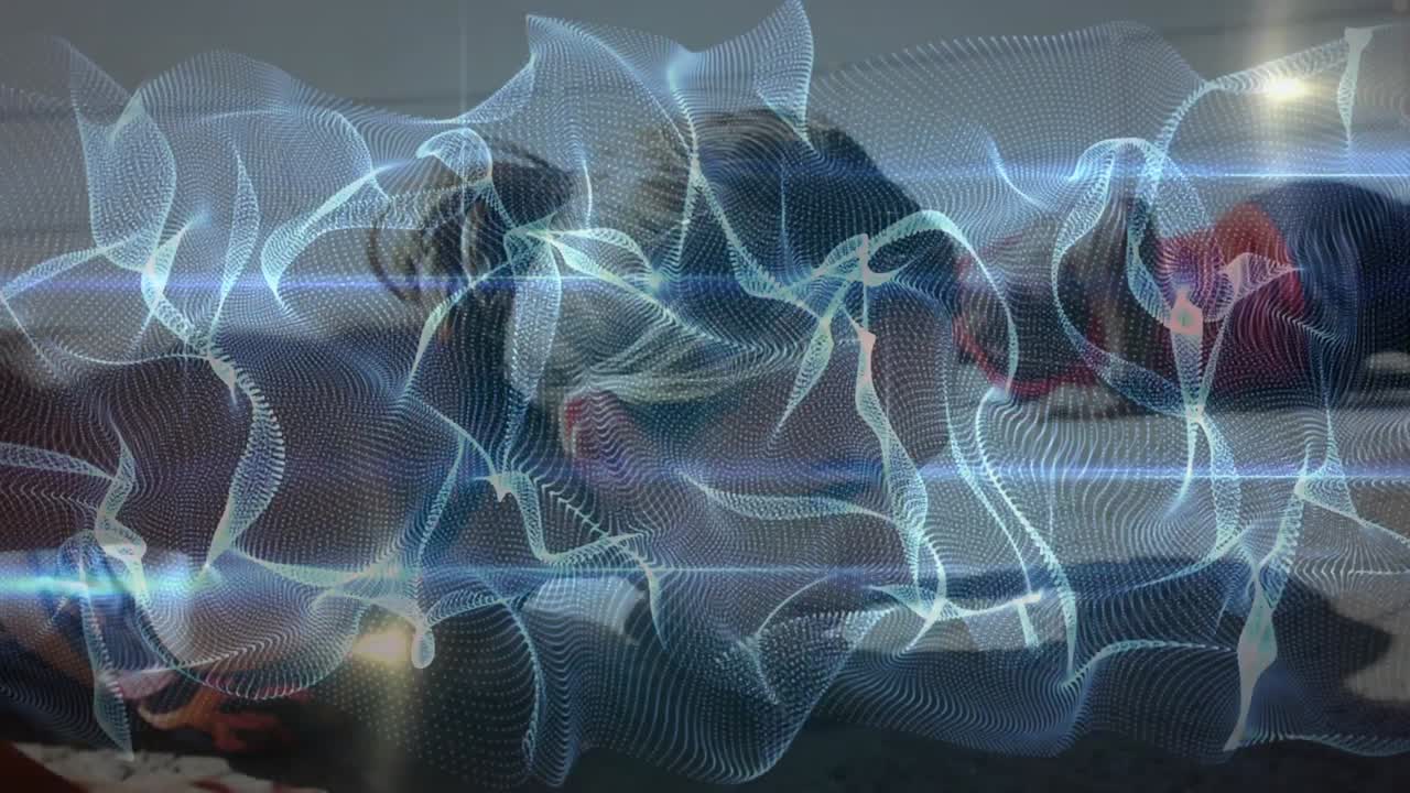 animación de la red de conexiones sobre mujeres y hombres que hacen ejercicio al aire libre