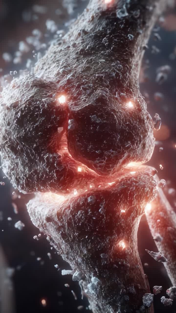 Immagine ravvicinata di un ginocchio umano luminoso, che mostra il design e la struttura complessa dell'osso e della cartilagine con effetti di illuminazione dinamici