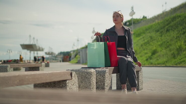 Lady in grey clothing drops colorful shopping bags on bench while sitting down, greenery hills and people walking in the background are slightly blurred