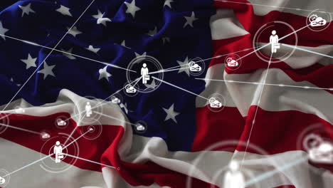 Netzwerk-Von-Verbindungen-Und-Datenverarbeitungsanimation-über-Dem-Hintergrund-Der-Amerikanischen-Flagge