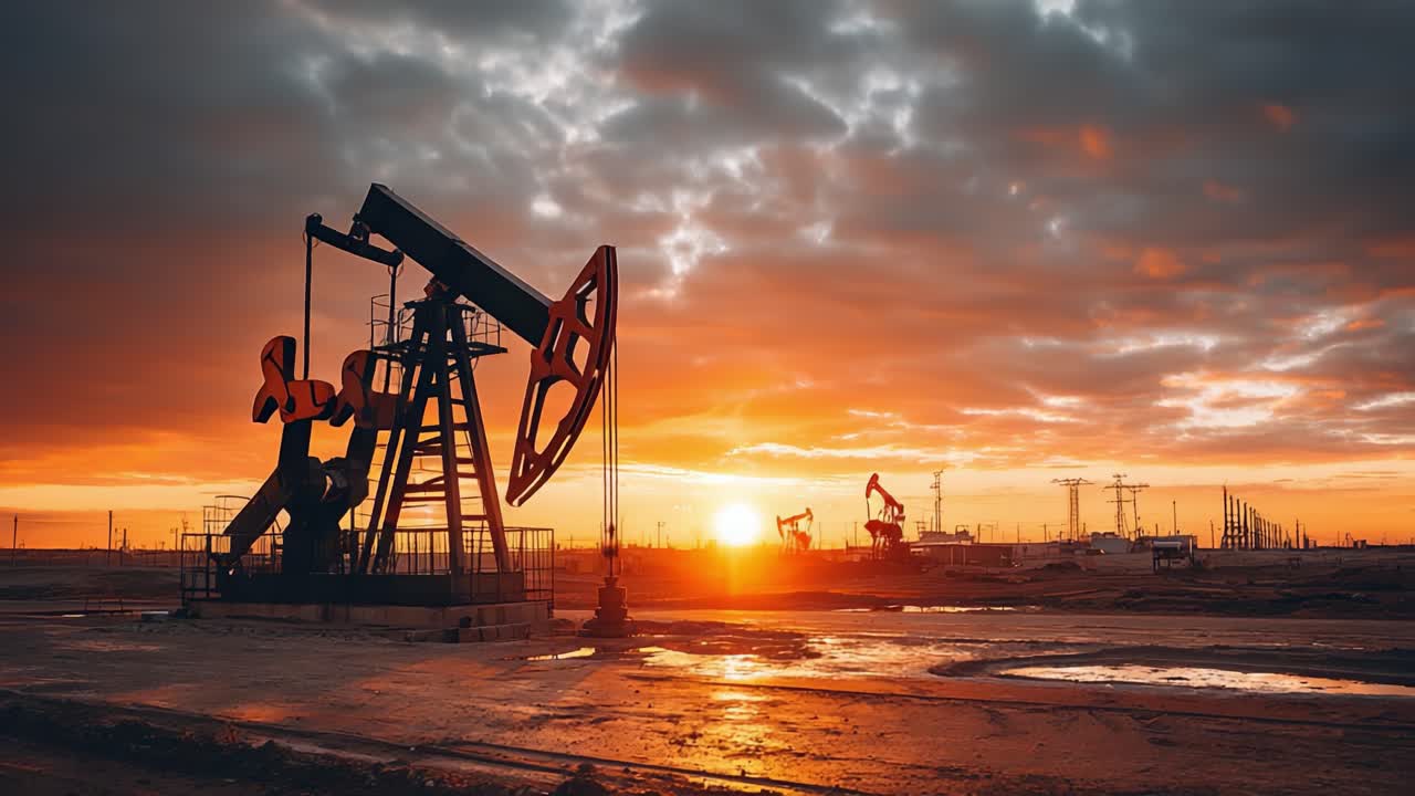 Bir petrol sahası üzerinde görkemli gün batımı: Canlı bir gökyüzüne karşı siluet oluşturan pompa kuleleri, enerji üretiminin ve doğal güzelliğin özünü yakalıyor.