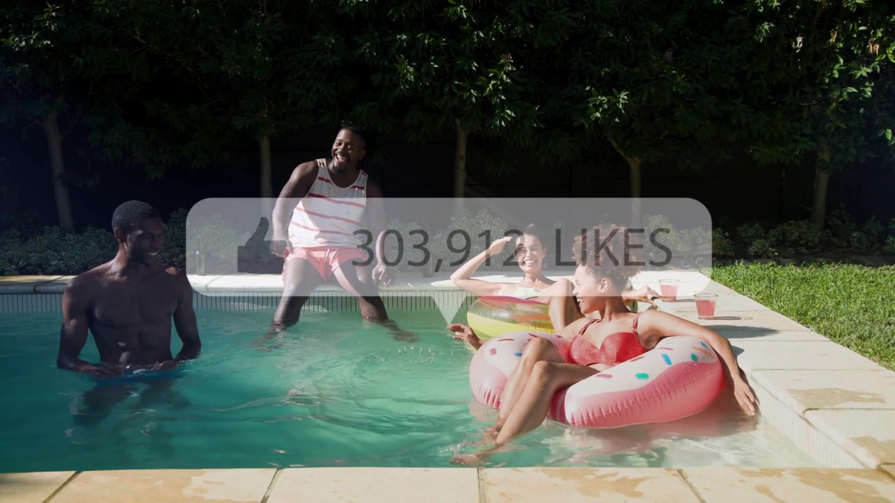 Friends reacting to likes overlay increasing at pool, kicking water and celebrating for marketing