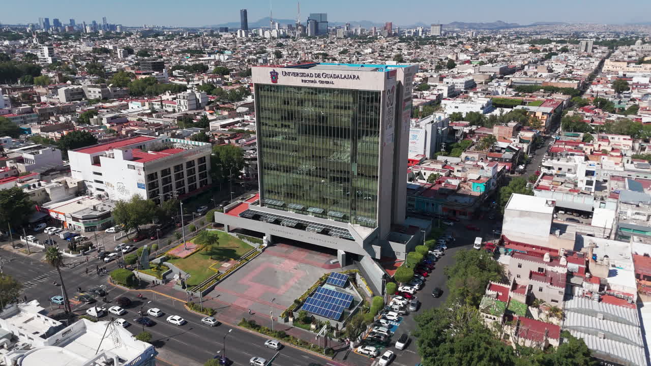 Aerial view of the Rectoria Building in Guadalajara, Jalisco, Mexico, with the traffic of the Enrique Diaz de Leon and Vallarta avenues