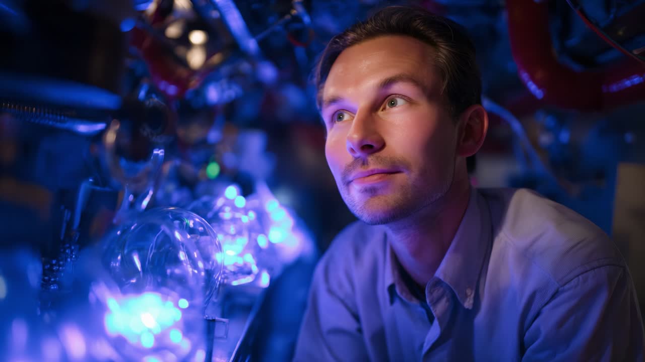 A contemplative engineer deep in thought amid glowing blue lights and intricate machinery, showcasing the blend of human curiosity and technological advancement in a captivating environment