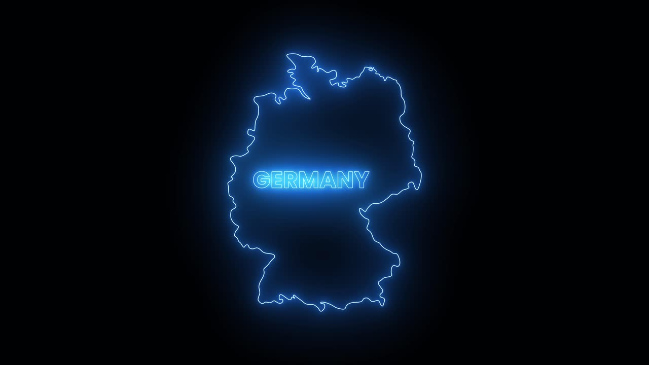Hohtava kirkas neon-Saksan kartta linssiheijastusanimaatiolla eristettynä mustalla taustalla