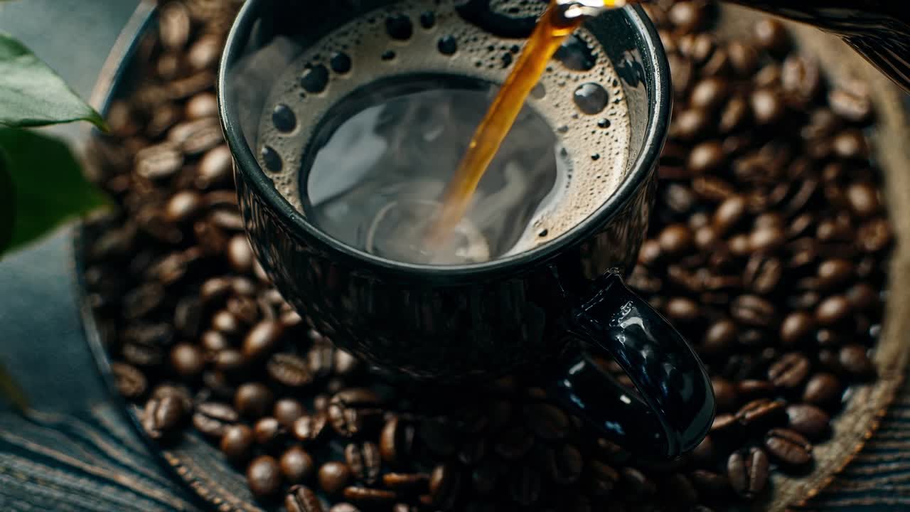 Top-down videooptagelse af kaffe, der hældes i et mørkt krus omgivet af kaffebønner