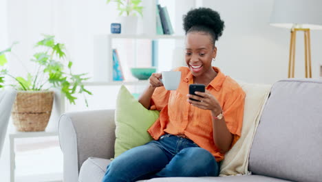 Phone,-coffee-and-a-black-woman-in-the-living-room