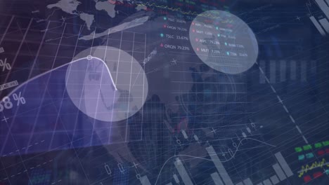 animation of graphs and financial data over globe on navy background