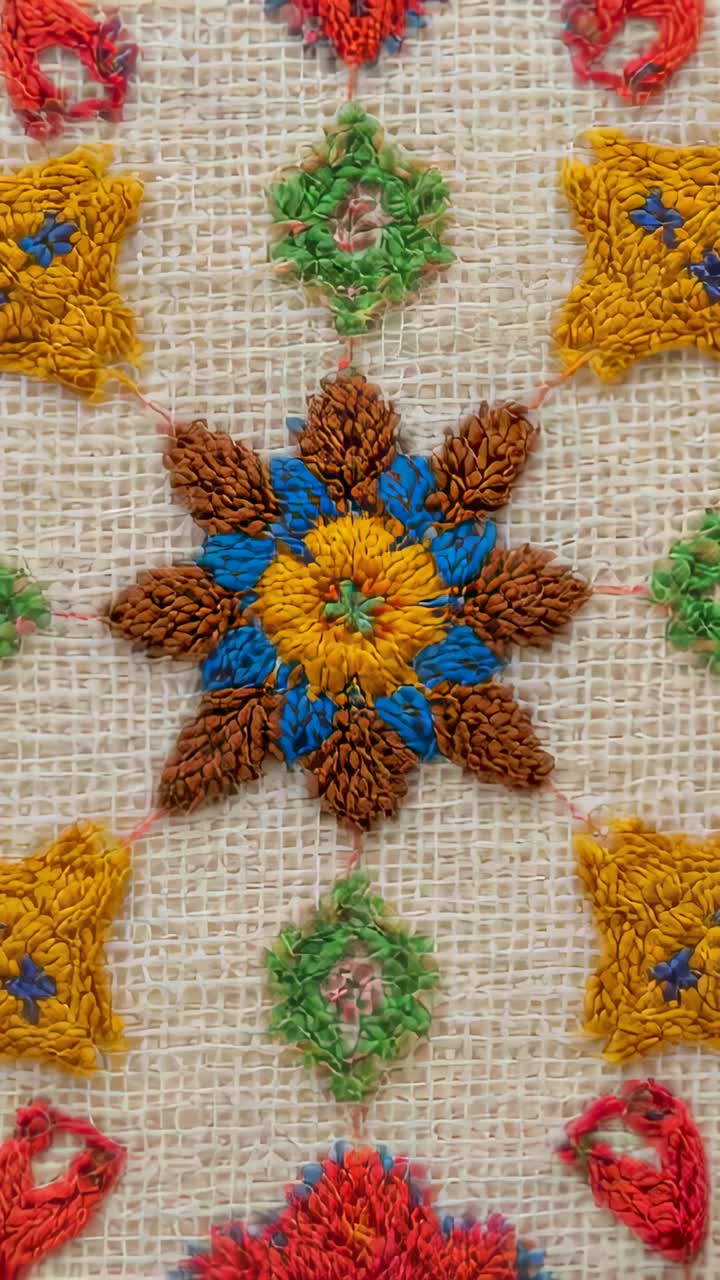 Vertical video: Camera pulling back, zooming down on craft table, showing star motif stitch detail
