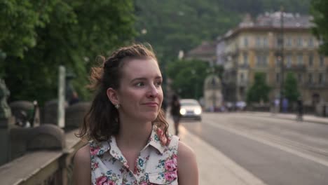 Girl-walking-Prague-street-front-closeup-view-of