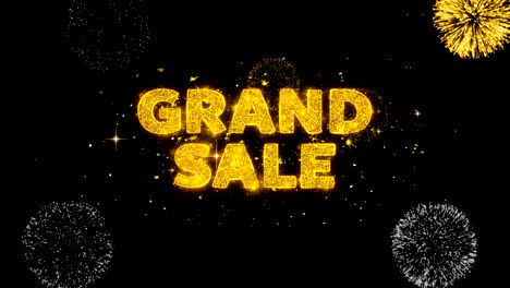 grand sale text reveal on glitter golden particles firework.