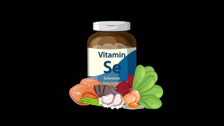 Lattina di integratori di selenio animata con verdure e frutti di mare assortiti su sfondo nero pulito