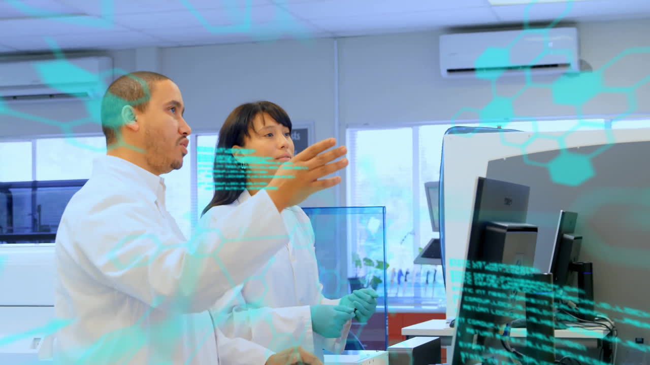 animación del procesamiento de datos científicos sobre diversos científicos en el laboratorio