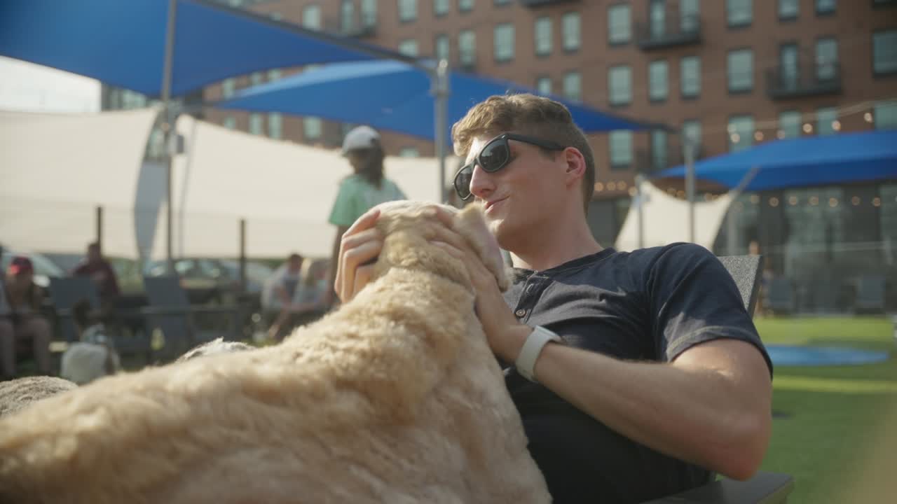 한 남자가 야외 도시 개 공원에서 개와 함께 놀고 있다