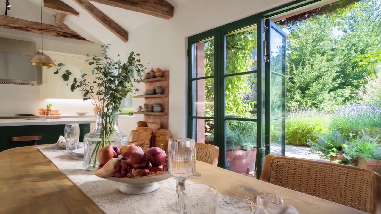 Modern Dining Room with Open Doors to Garden