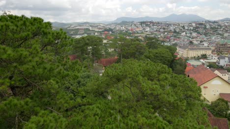 aerial drone flying backward through the pine trees reveal nice swimming pool with city background 01_dalat vietnam aug2020_4k 60fps