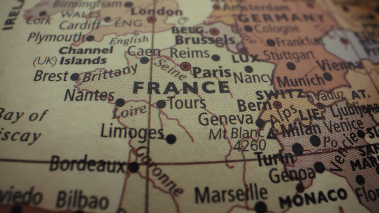 Close-up of a vintage map of France