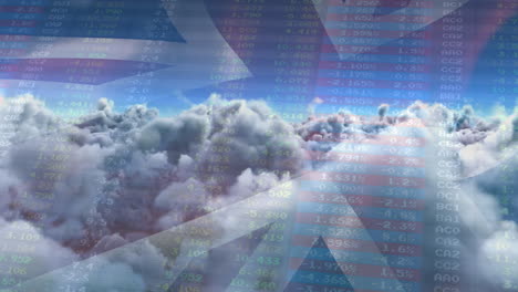 animation of data processing over clouds and flag of uk