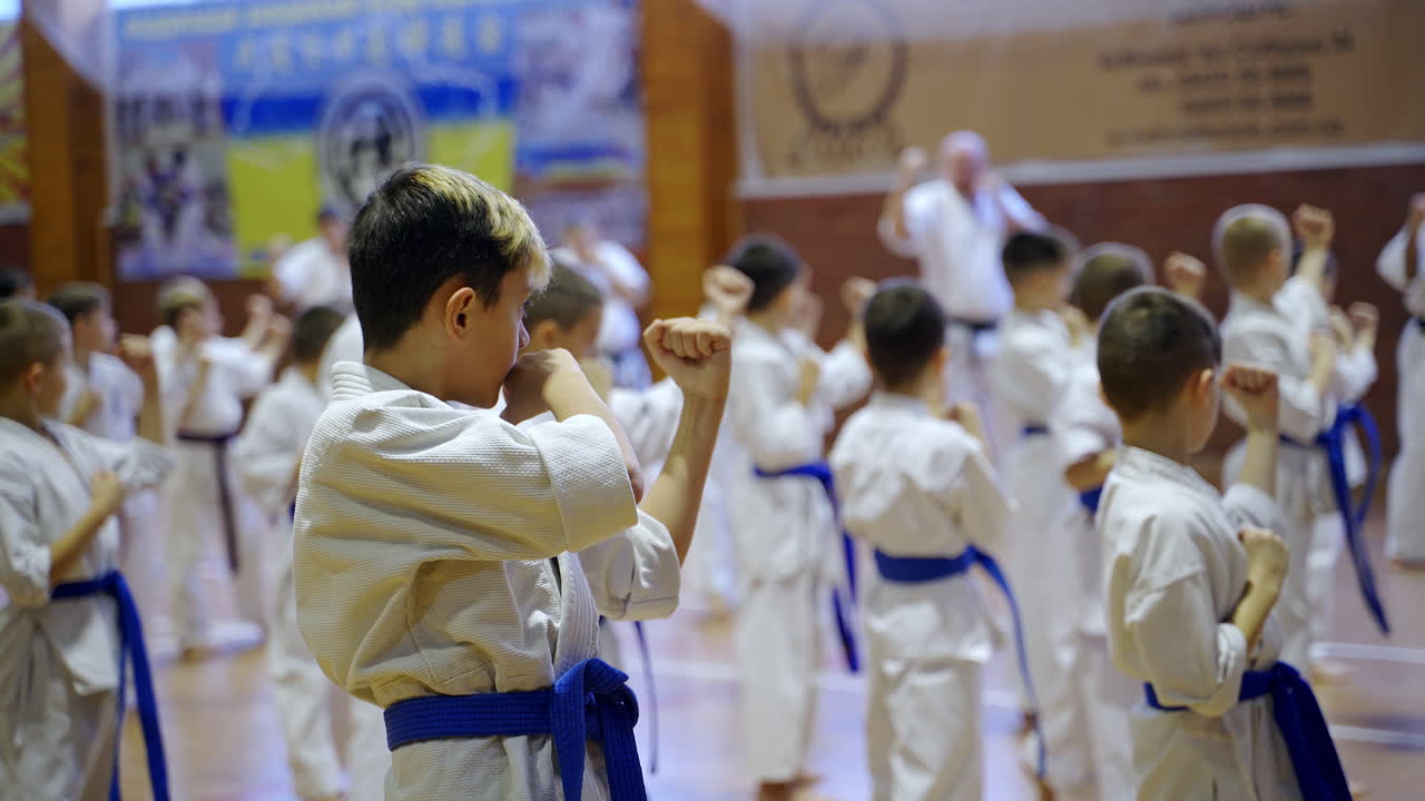 Karate trainees in white kimonos and blue belts practice exercise. Boys standing with their backs to the camera facing the trainer. Blurred backdrop.
