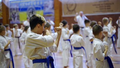 karate trainees in white kimonos and blue belts practice exercise. boys standing with their backs to the camera facing the trainer. blurred backdrop.
