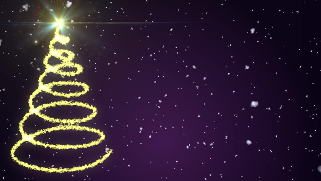 elegante gráfico en movimiento navideño de color púrpura con nieve animada y un árbol de navidad en espiral con destellos brillantes con una explosión de fuegos artificiales que revela la estrella en la parte superior y el espacio de un mensaje de su elección.