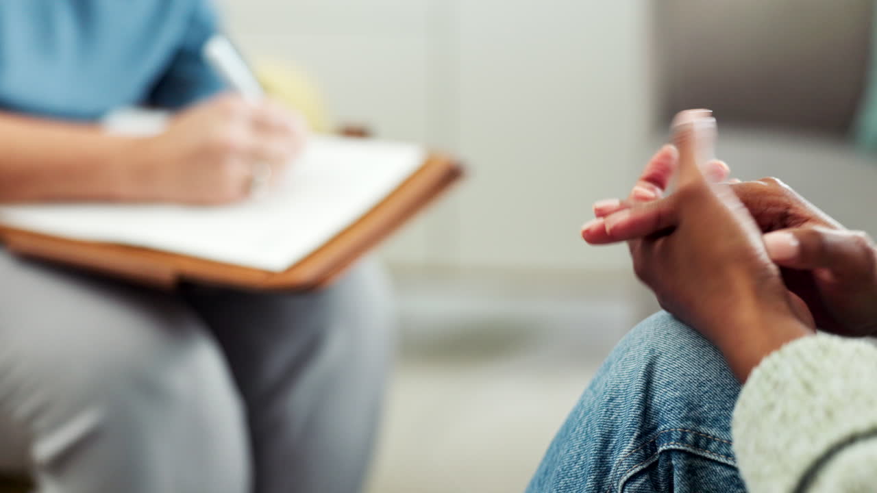 Mental health, counseling and hands of woman