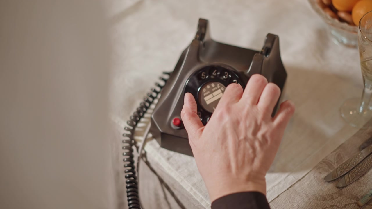 Tight vintage rotary phone dialing moment, wrinkled hand reaches for receiver then turns dial, cord curls across linen table beside glass and tangerines, warm muted tones evoke nostalgia and patient