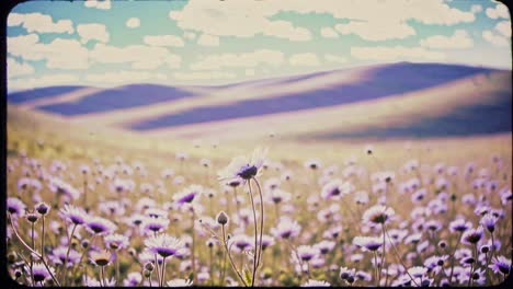 vintage-style video frame of a field with purple flowers, shot from a low angle, capturing rolling