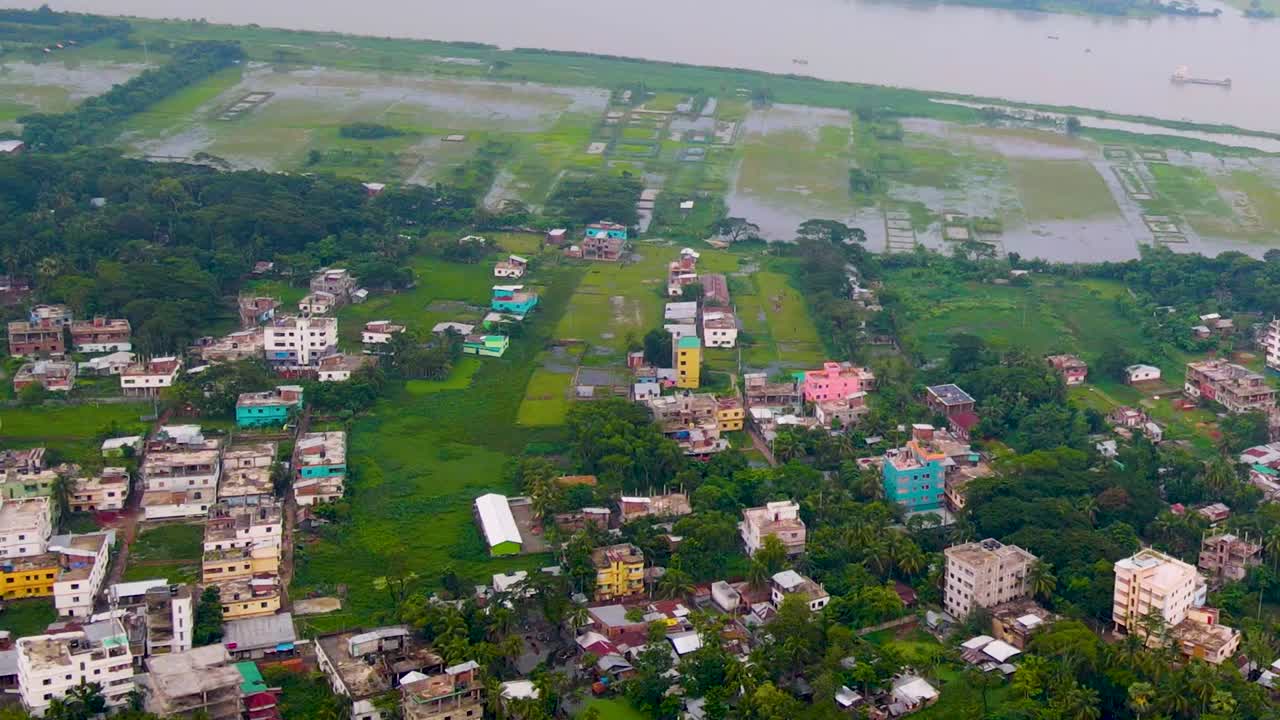 Aerial area affected flooding Buriganga river residential houses Bangladesh
