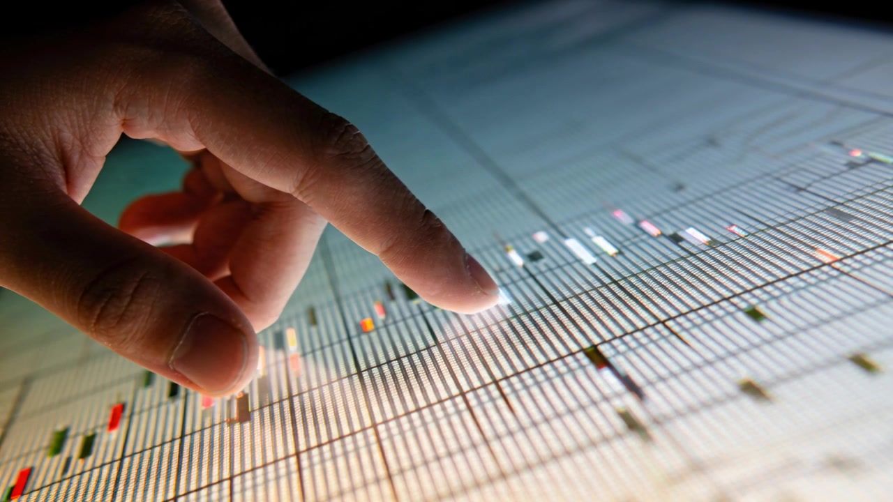 Approaching hand lowering fingertip, sliding across touchscreen grid on console, lighting markers